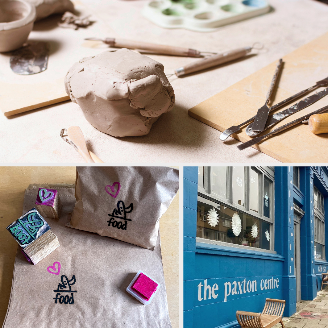 Top image shows a ball of clay on table with clay tools and board. Below paper bags and printing stamps. Blue painted building exterior.