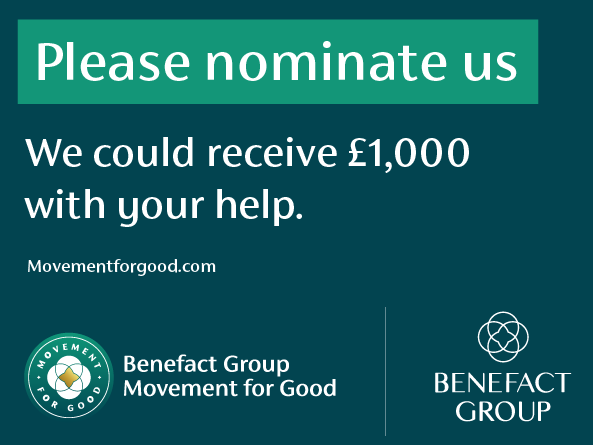 Dark teal background with white text. Please nominate us. We could receive £1,000 with your help.