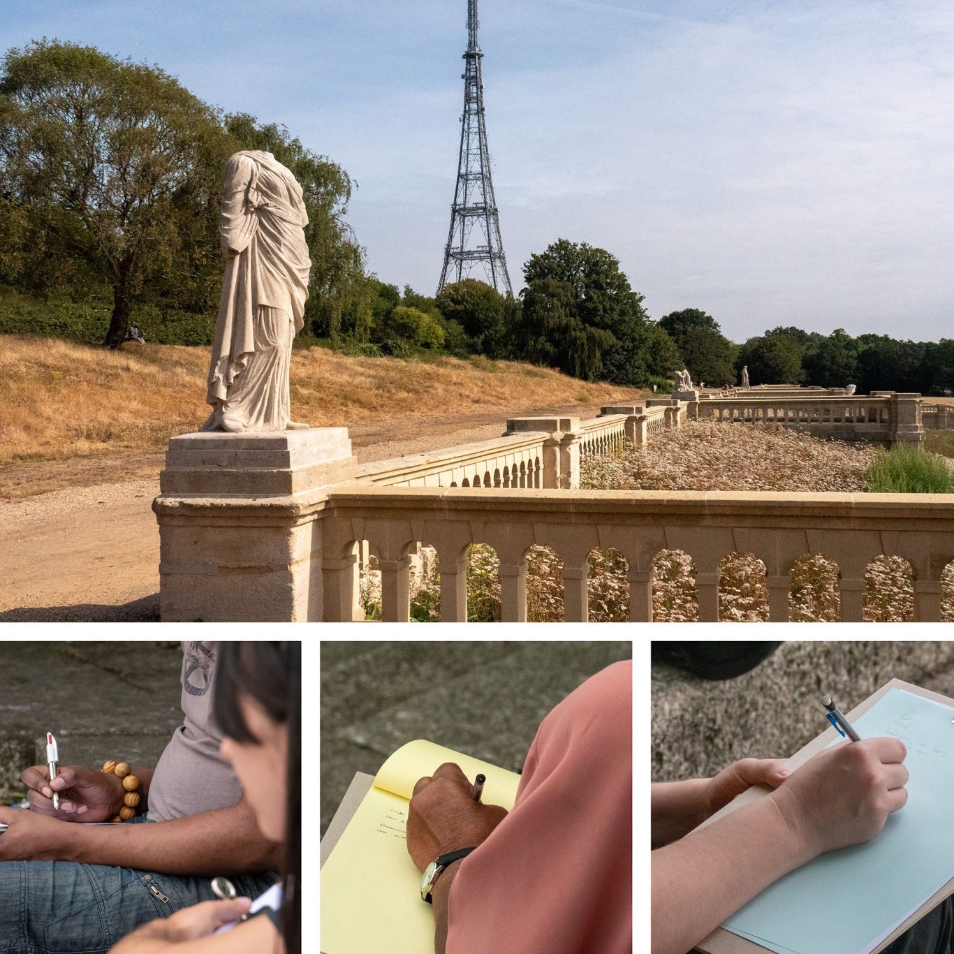 A collage of images. Top - stone balustrade with headless draped female statue. Below are three images showing peoples hands writing outside